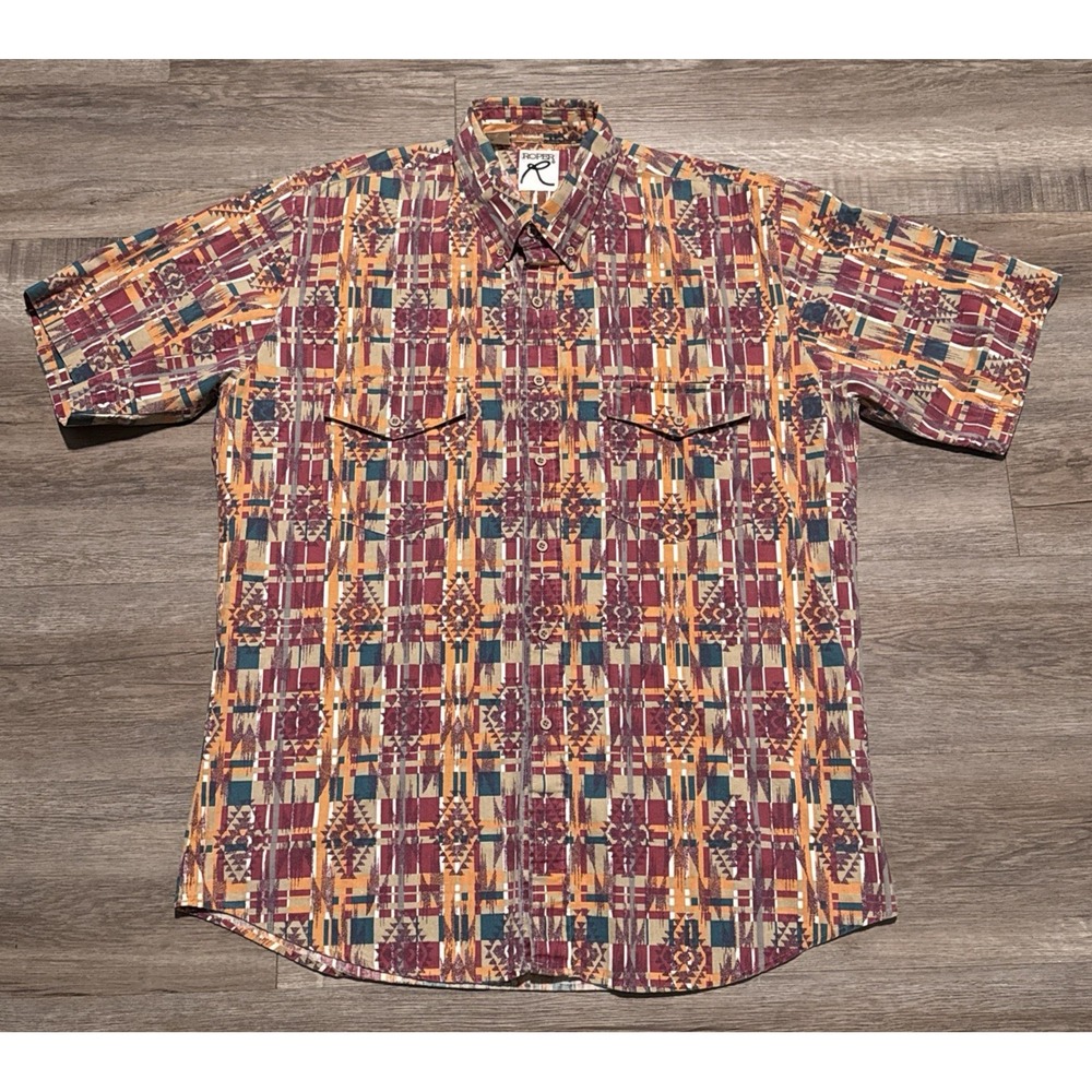 Vintage Roper Men's Size XL Aztec Print Short Sleeve Western Cowboy Shirt USA